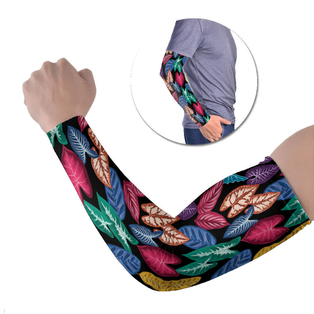 Hawaii Colorful Tropical Leaves Arm Sleeves LT01 Set of 2 Black - Polynesian Pride
