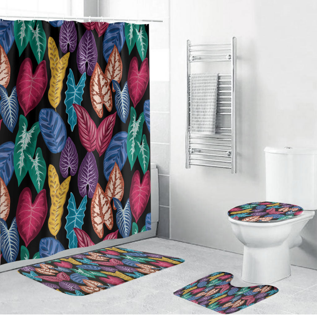 Hawaii Colorful Tropical Leaves Bathroom Set LT01 Bathroom Set (4 pcs) Black - Polynesian Pride
