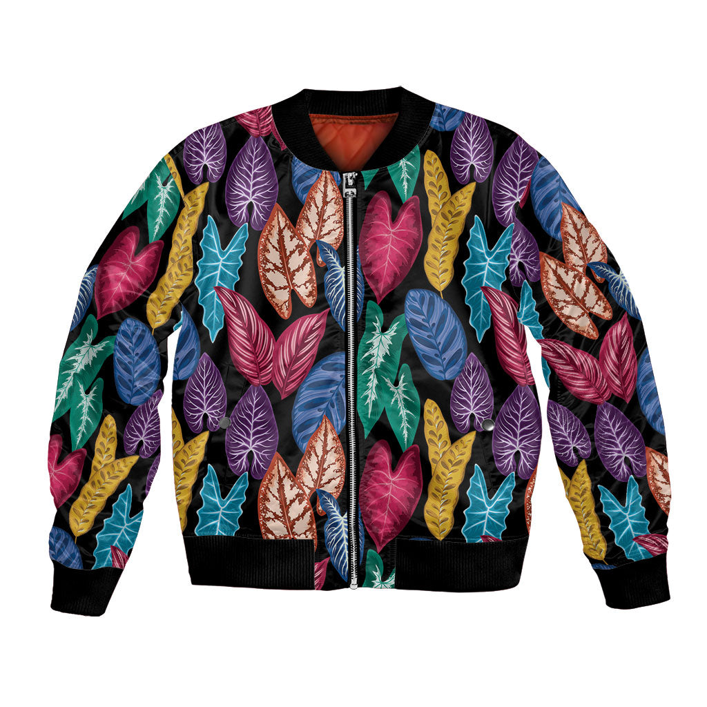 Hawaii Colorful Tropical Leaves Bomber Jacket LT01 Unisex Black - Polynesian Pride