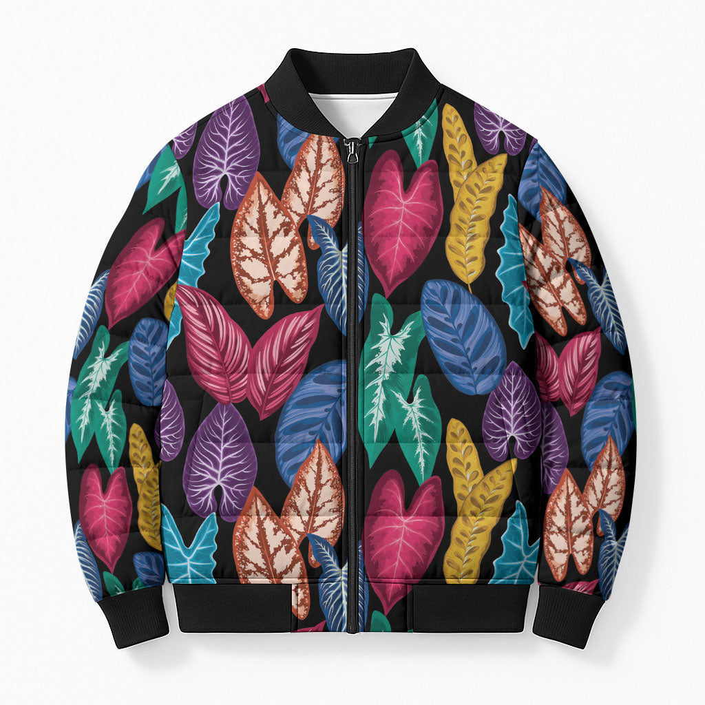 Hawaii Colorful Tropical Leaves Bomber Puffer Jacket LT01 Unisex Black - Polynesian Pride
