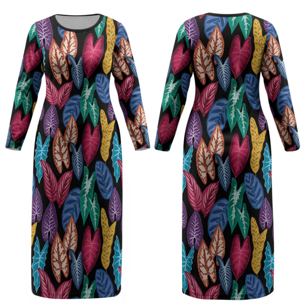 Hawaii Colorful Tropical Leaves Couples Matching Long Sleeve Bodycon Dress and Hawaiian Shirt LT01 - Polynesian Pride