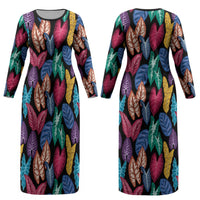 Hawaii Colorful Tropical Leaves Couples Matching Long Sleeve Bodycon Dress and Long Sleeve Button Shirt LT01 - Polynesian Pride