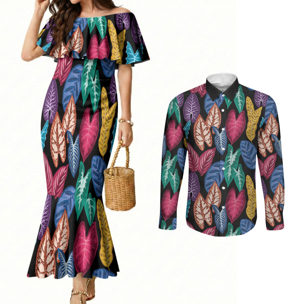 Hawaii Colorful Tropical Leaves Couples Matching Mermaid Dress and Long Sleeve Button Shirt LT01 Black - Polynesian Pride