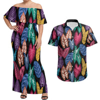 Hawaii Colorful Tropical Leaves Couples Matching Off Shoulder Maxi Dress and Hawaiian Shirt LT01 Black - Polynesian Pride