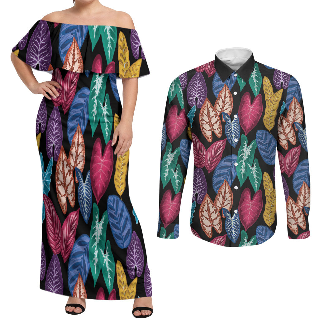 Hawaii Colorful Tropical Leaves Couples Matching Off Shoulder Maxi Dress and Long Sleeve Button Shirt LT01 Black - Polynesian Pride