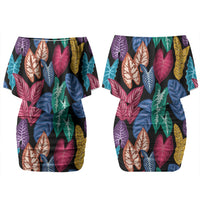 Hawaii Colorful Tropical Leaves Couples Matching Off Shoulder Short Dress and Hawaiian Shirt LT01 - Polynesian Pride