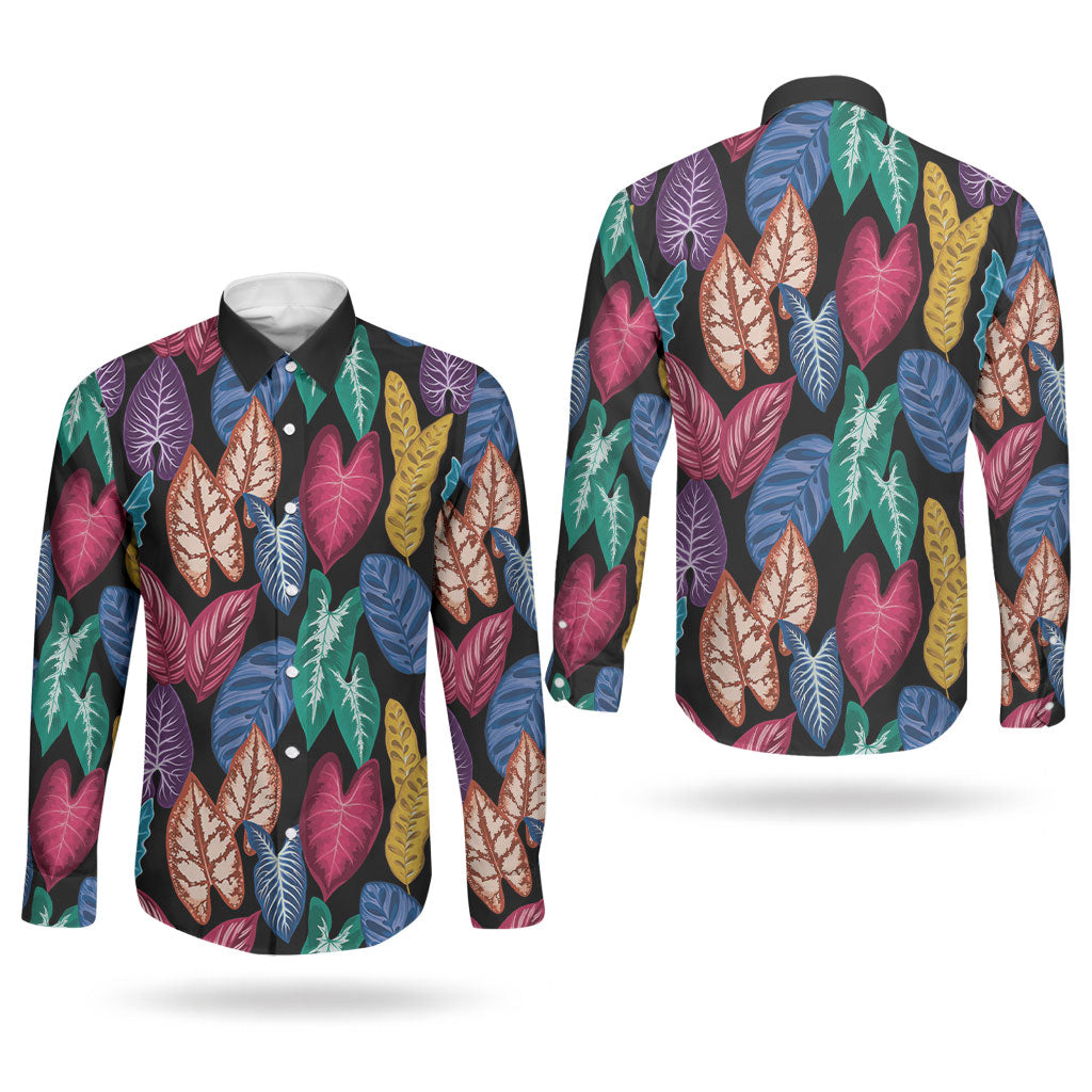Hawaii Colorful Tropical Leaves Couples Matching Off Shoulder Short Dress and Long Sleeve Button Shirt LT01 - Polynesian Pride