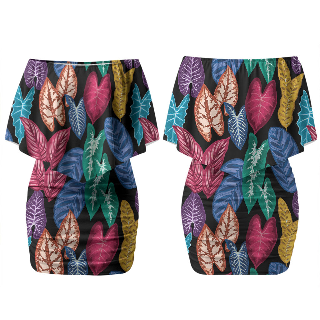 Hawaii Colorful Tropical Leaves Couples Matching Off Shoulder Short Dress and Long Sleeve Button Shirt LT01 - Polynesian Pride