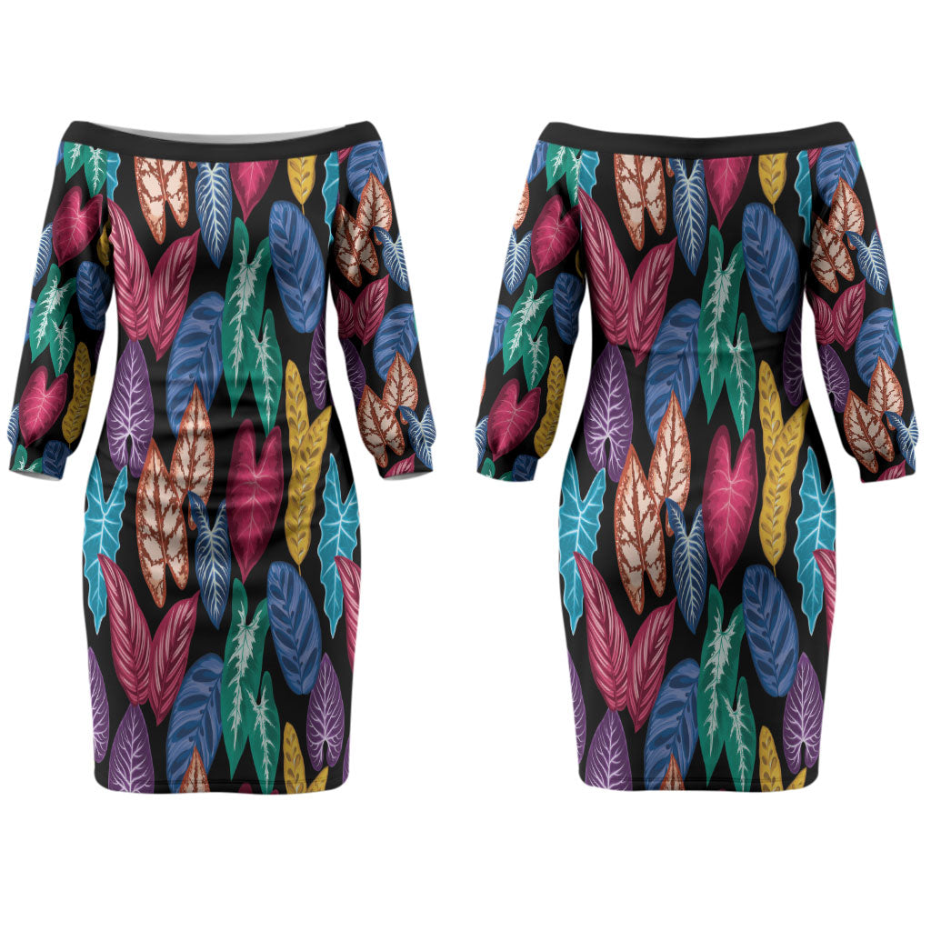 Hawaii Colorful Tropical Leaves Couples Matching Off The Shoulder Long Sleeve Dress and Long Sleeve Button Shirt LT01 - Polynesian Pride