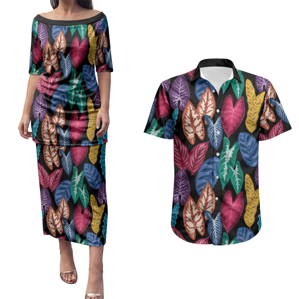 Hawaii Colorful Tropical Leaves Couples Matching Puletasi and Hawaiian Shirt LT01 Black - Polynesian Pride