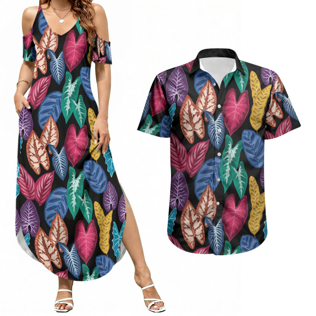 Hawaii Colorful Tropical Leaves Couples Matching Summer Maxi Dress and Hawaiian Shirt LT01 Black - Polynesian Pride