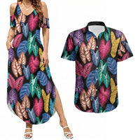 Hawaii Colorful Tropical Leaves Couples Matching Summer Maxi Dress and Hawaiian Shirt LT01 Black - Polynesian Pride