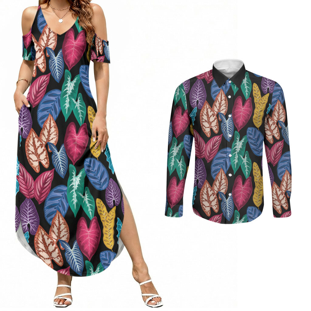 Hawaii Colorful Tropical Leaves Couples Matching Summer Maxi Dress and Long Sleeve Button Shirt LT01 Black - Polynesian Pride