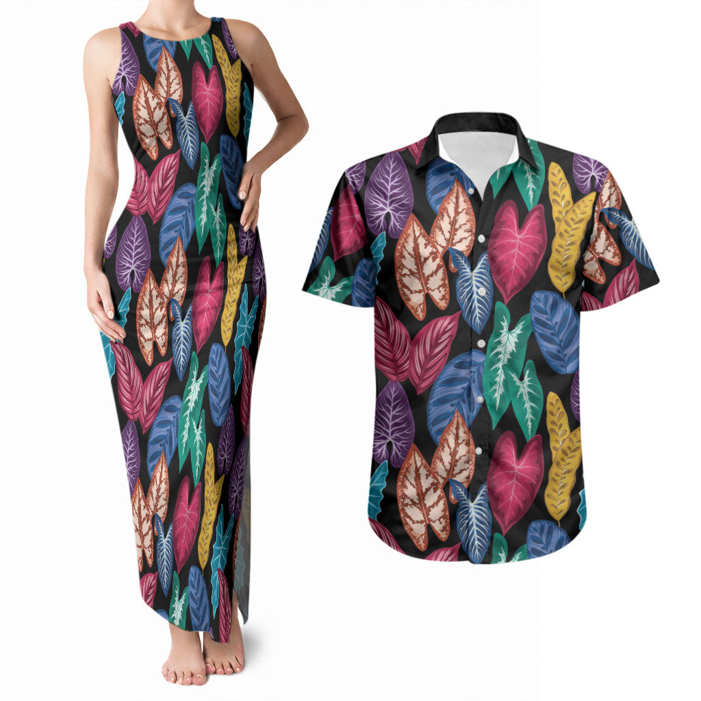 Hawaii Colorful Tropical Leaves Couples Matching Tank Maxi Dress and Hawaiian Shirt LT01 Black - Polynesian Pride