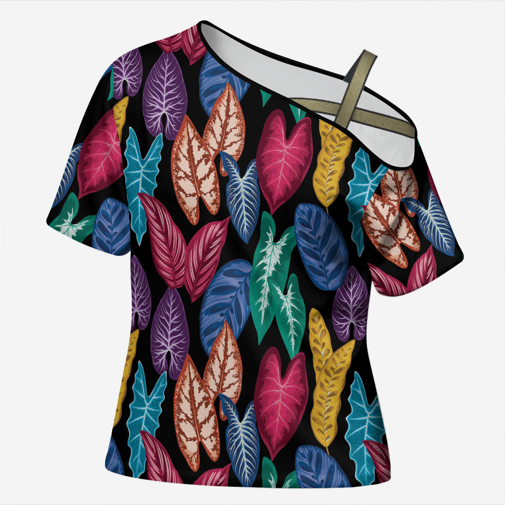 Hawaii Colorful Tropical Leaves Cross Shoulder Shirt LT01 Female Black - Polynesian Pride