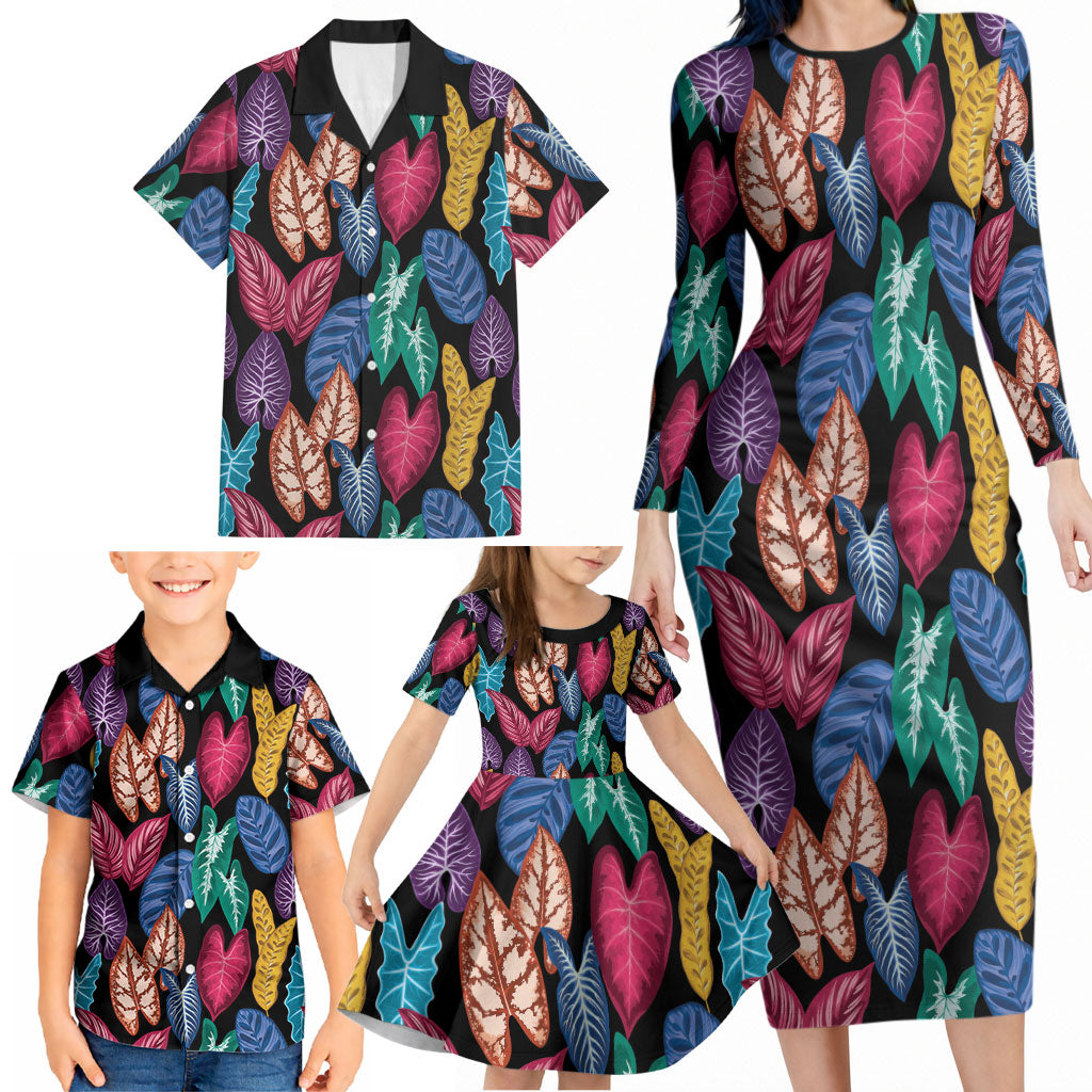 Hawaii Colorful Tropical Leaves Family Matching Long Sleeve Bodycon Dress and Hawaiian Shirt LT01 - Polynesian Pride