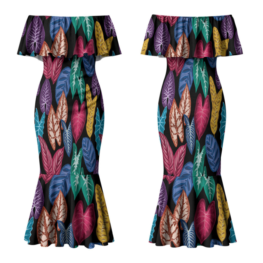 Hawaii Colorful Tropical Leaves Family Matching Mermaid Dress and Hawaiian Shirt LT01 Mom's Dress Black - Polynesian Pride