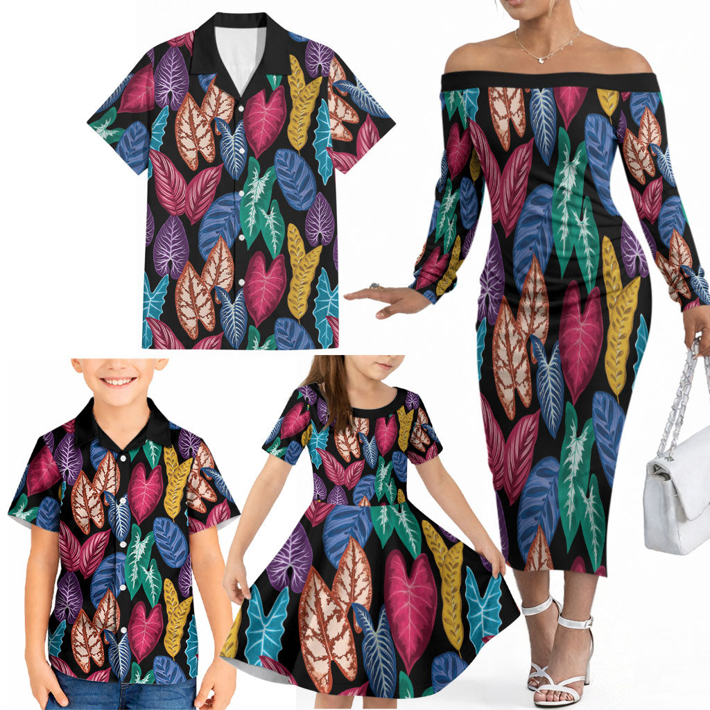 Hawaii Colorful Tropical Leaves Family Matching Off The Shoulder Long Sleeve Dress and Hawaiian Shirt LT01 - Polynesian Pride