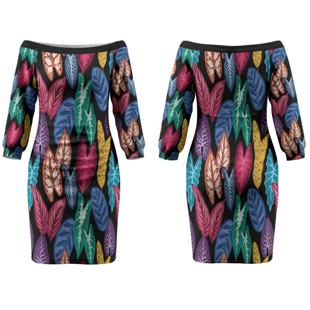Hawaii Colorful Tropical Leaves Family Matching Off The Shoulder Long Sleeve Dress and Hawaiian Shirt LT01 Mom's Dress Black - Polynesian Pride