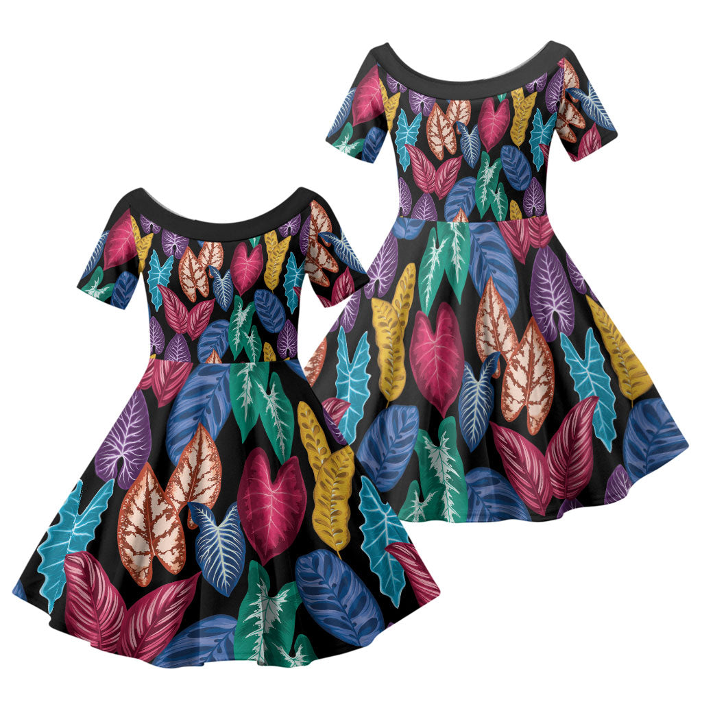 Hawaii Colorful Tropical Leaves Family Matching Off The Shoulder Long Sleeve Dress and Hawaiian Shirt LT01 Daughter's Dress Black - Polynesian Pride