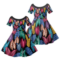 Hawaii Colorful Tropical Leaves Family Matching Off The Shoulder Long Sleeve Dress and Hawaiian Shirt LT01 Daughter's Dress Black - Polynesian Pride
