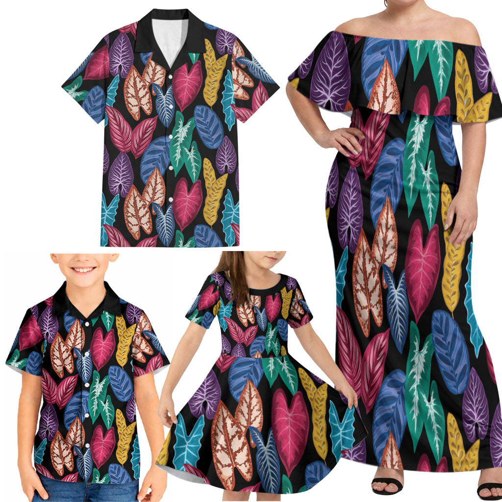 Hawaii Colorful Tropical Leaves Family Matching Off Shoulder Maxi Dress and Hawaiian Shirt LT01 - Polynesian Pride