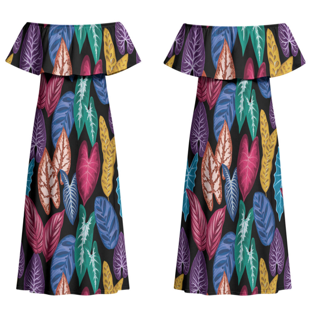 Hawaii Colorful Tropical Leaves Family Matching Off Shoulder Maxi Dress and Hawaiian Shirt LT01 Mom's Dress Black - Polynesian Pride