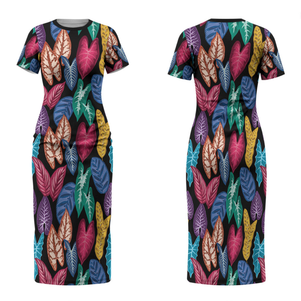 Hawaii Colorful Tropical Leaves Family Matching Short Sleeve Bodycon Dress and Hawaiian Shirt LT01 Mom's Dress Black - Polynesian Pride