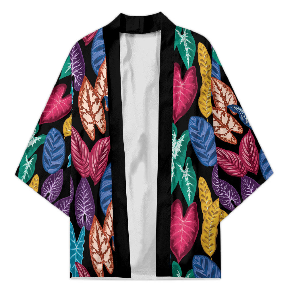 Hawaii Colorful Tropical Leaves Kimono LT01 Unisex Black - Polynesian Pride