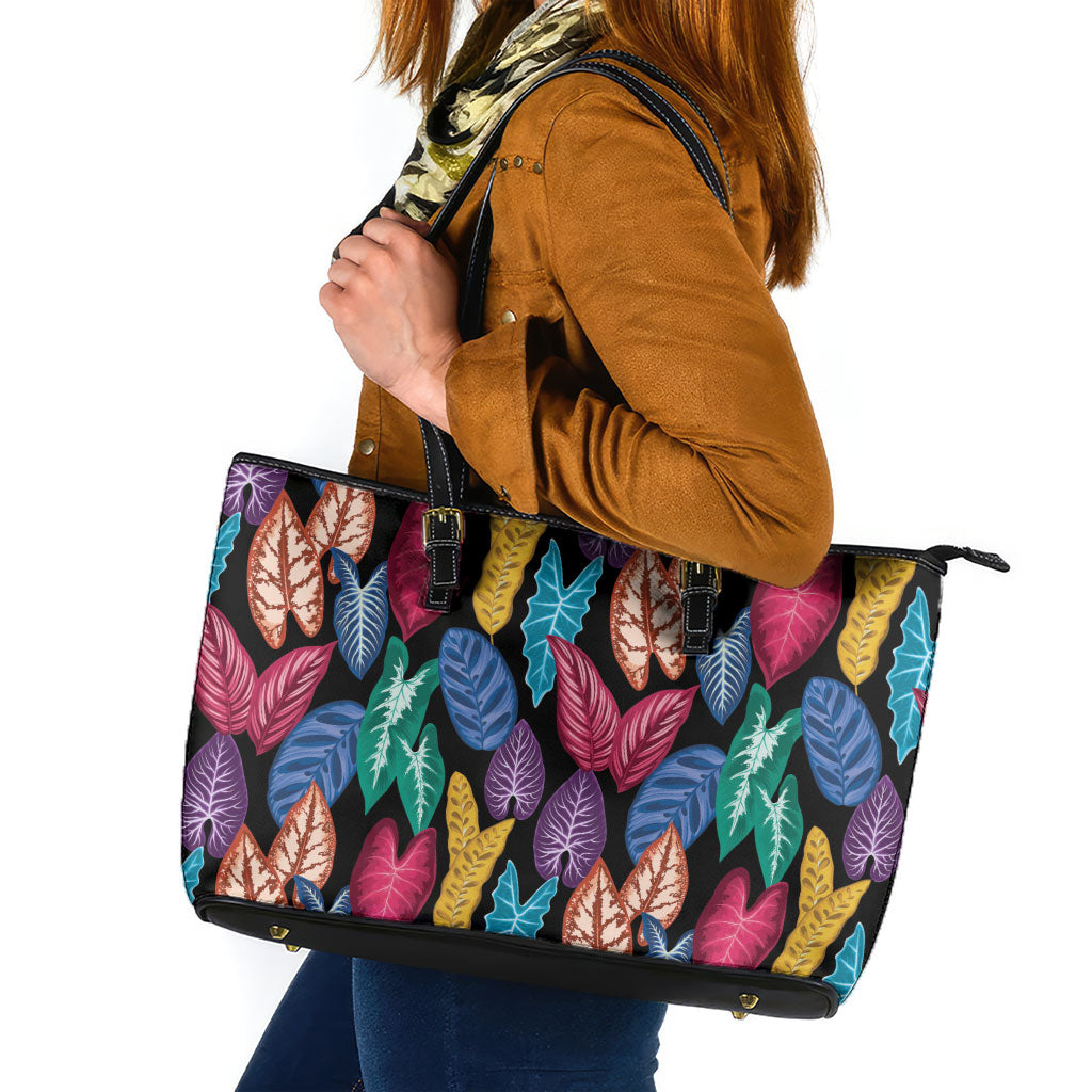 Hawaii Colorful Tropical Leaves Leather Tote Bag LT01 Black - Polynesian Pride