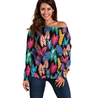 Hawaii Colorful Tropical Leaves Off Shoulder Sweater LT01 Women Black - Polynesian Pride