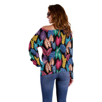 Hawaii Colorful Tropical Leaves Off Shoulder Sweater LT01 - Polynesian Pride