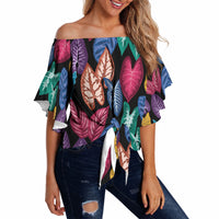 Hawaii Colorful Tropical Leaves Off Shoulder Wrap Waist Top LT01 Black - Polynesian Pride