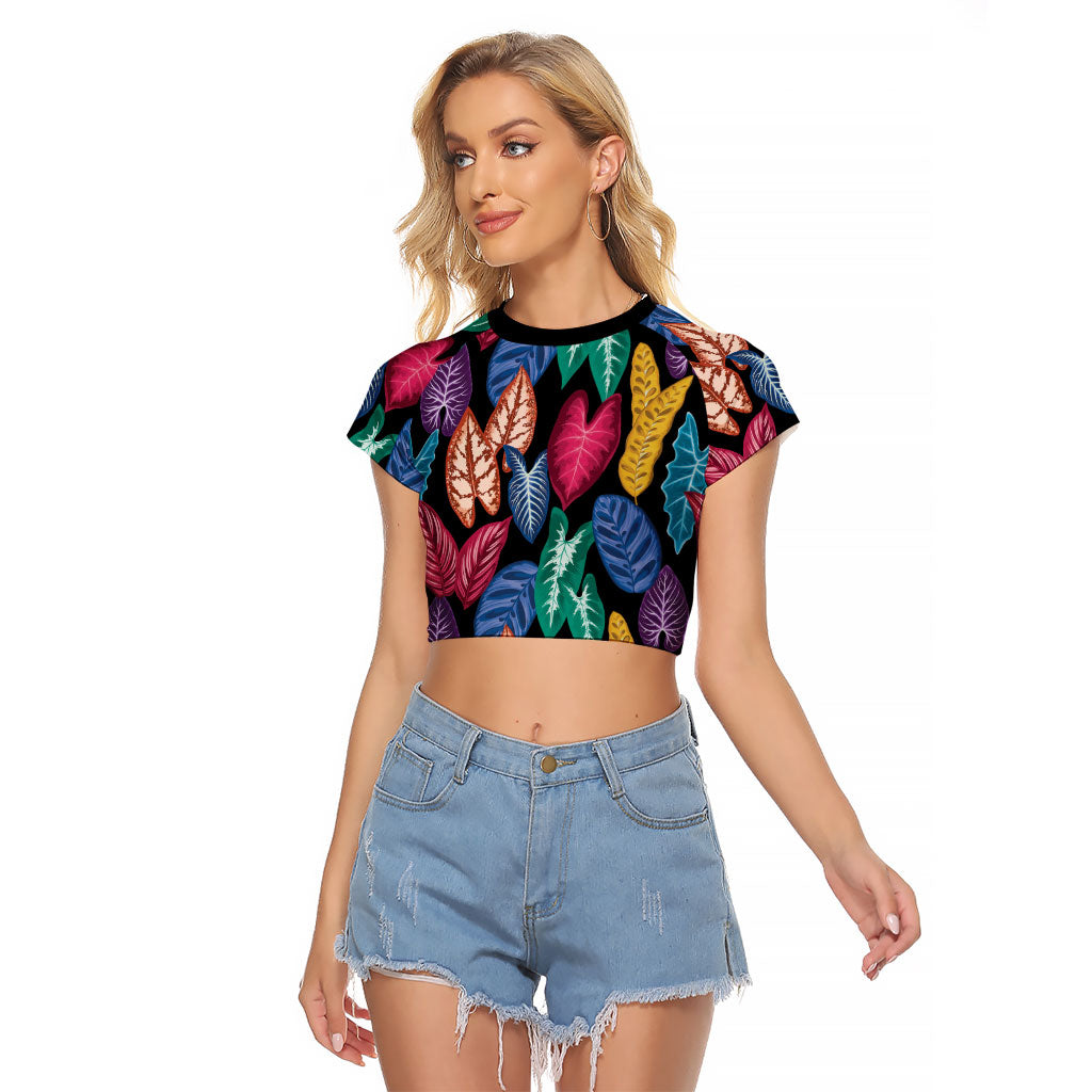 Hawaii Colorful Tropical Leaves Raglan Cropped T Shirt LT01 Female Black - Polynesian Pride