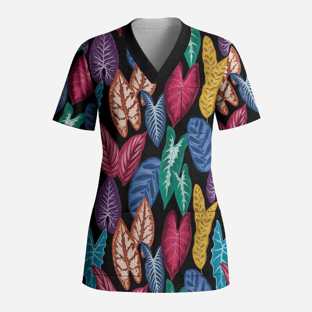 Hawaii Colorful Tropical Leaves Scrub Top LT01 Adult Black - Polynesian Pride