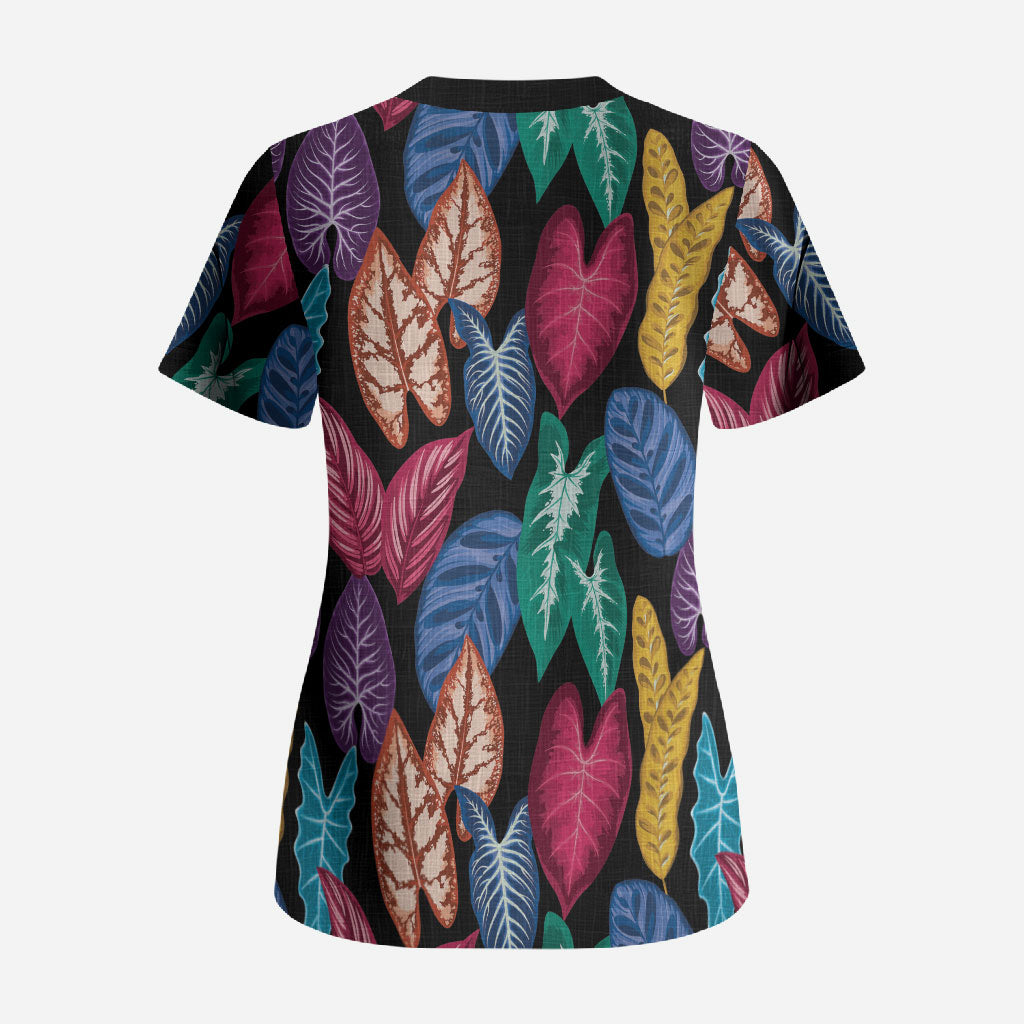 Hawaii Colorful Tropical Leaves Scrub Top LT01 - Polynesian Pride