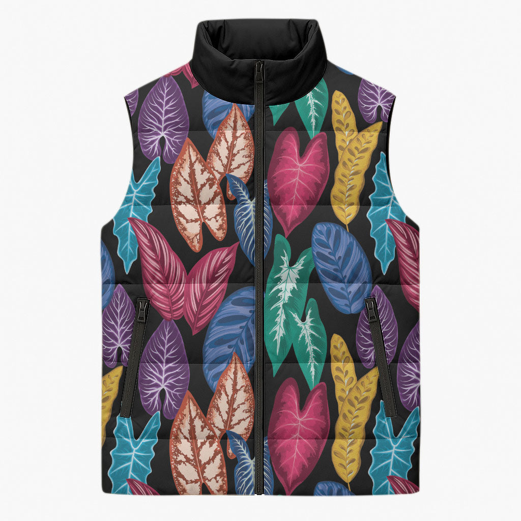 Hawaii Colorful Tropical Leaves Sleeveless Puffer Jacket LT01 Unisex Black - Polynesian Pride