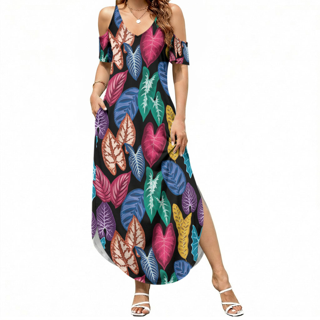 Hawaii Colorful Tropical Leaves Summer Maxi Dress LT01 Women Black - Polynesian Pride