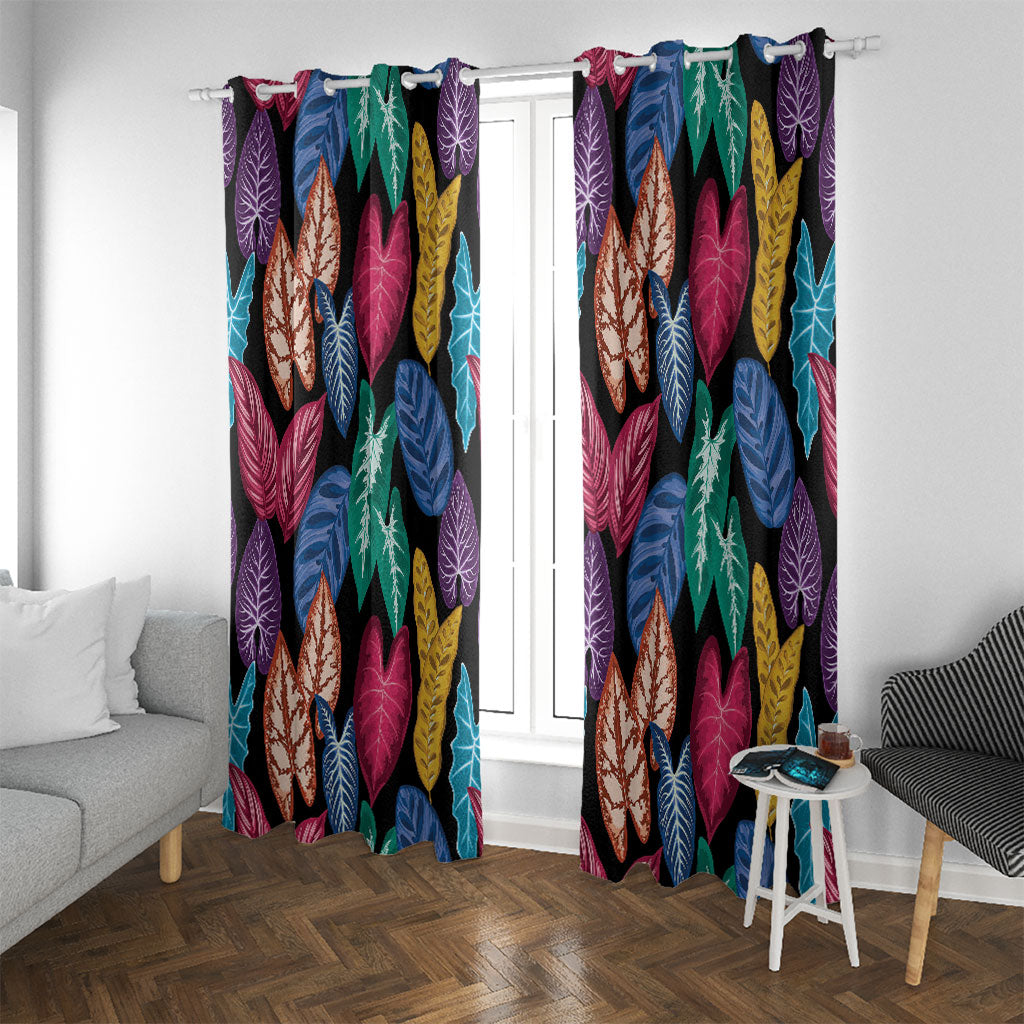Hawaii Colorful Tropical Leaves Window Curtain LT01 With Grommets Black - Polynesian Pride