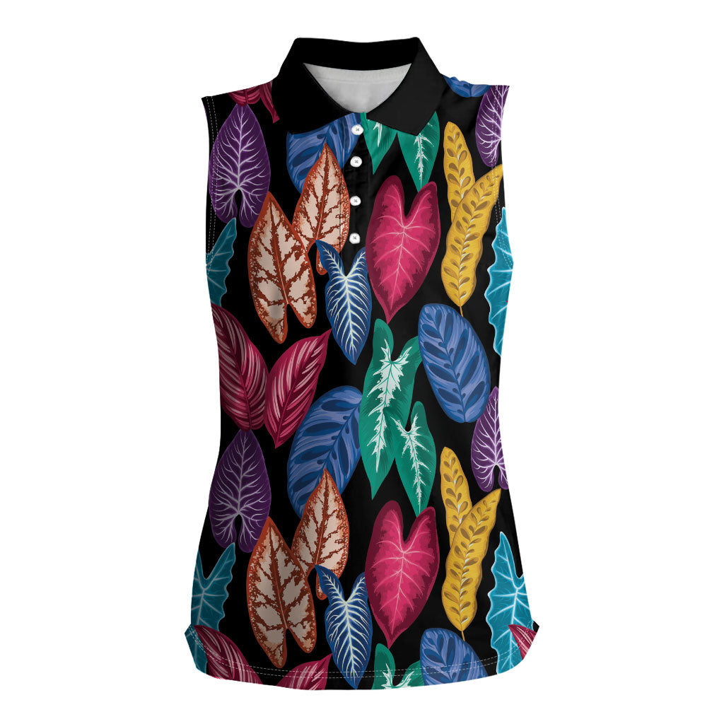 Hawaii Colorful Tropical Leaves Women Sleeveless Polo Shirt LT01 Female Black - Polynesian Pride