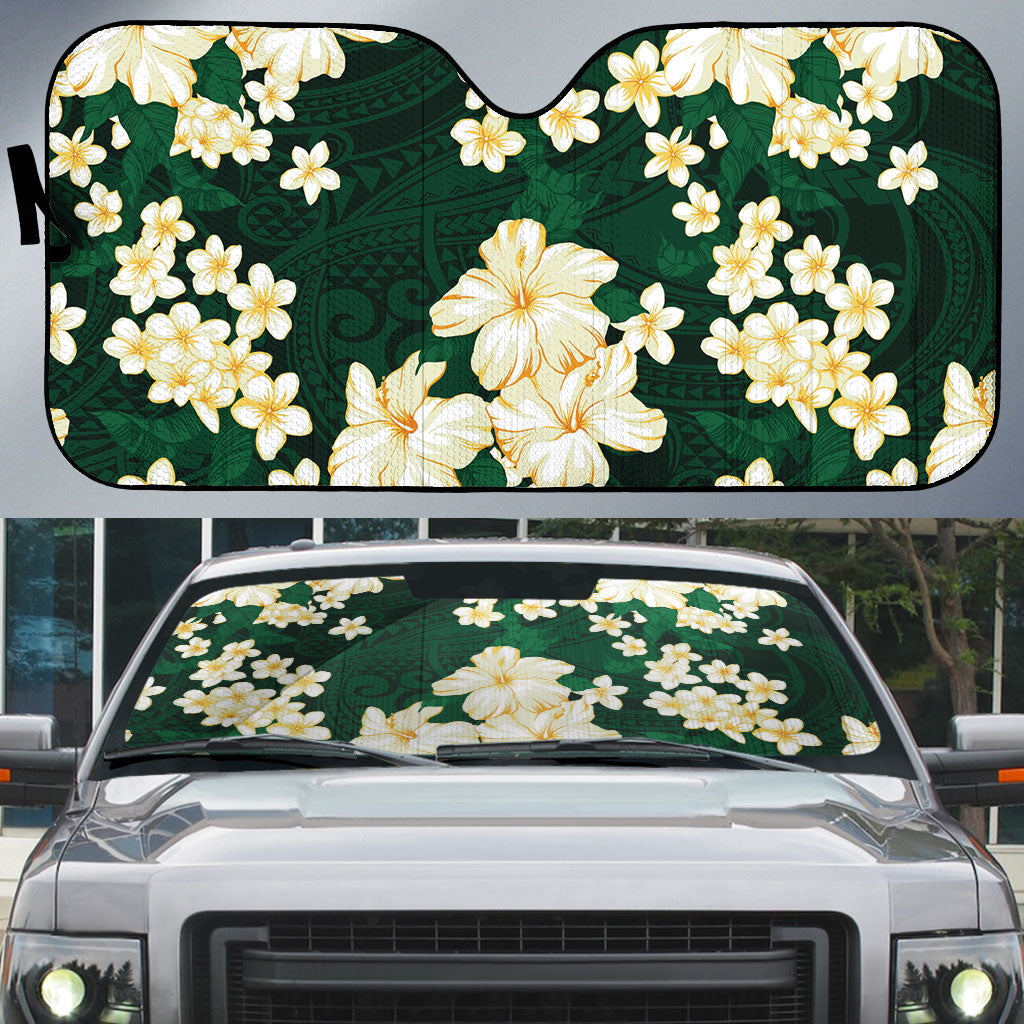 Hawaii Hibiscus Plumeria Green Auto Sun Shade Polynesian Pattern LT01 Green - Polynesian Pride