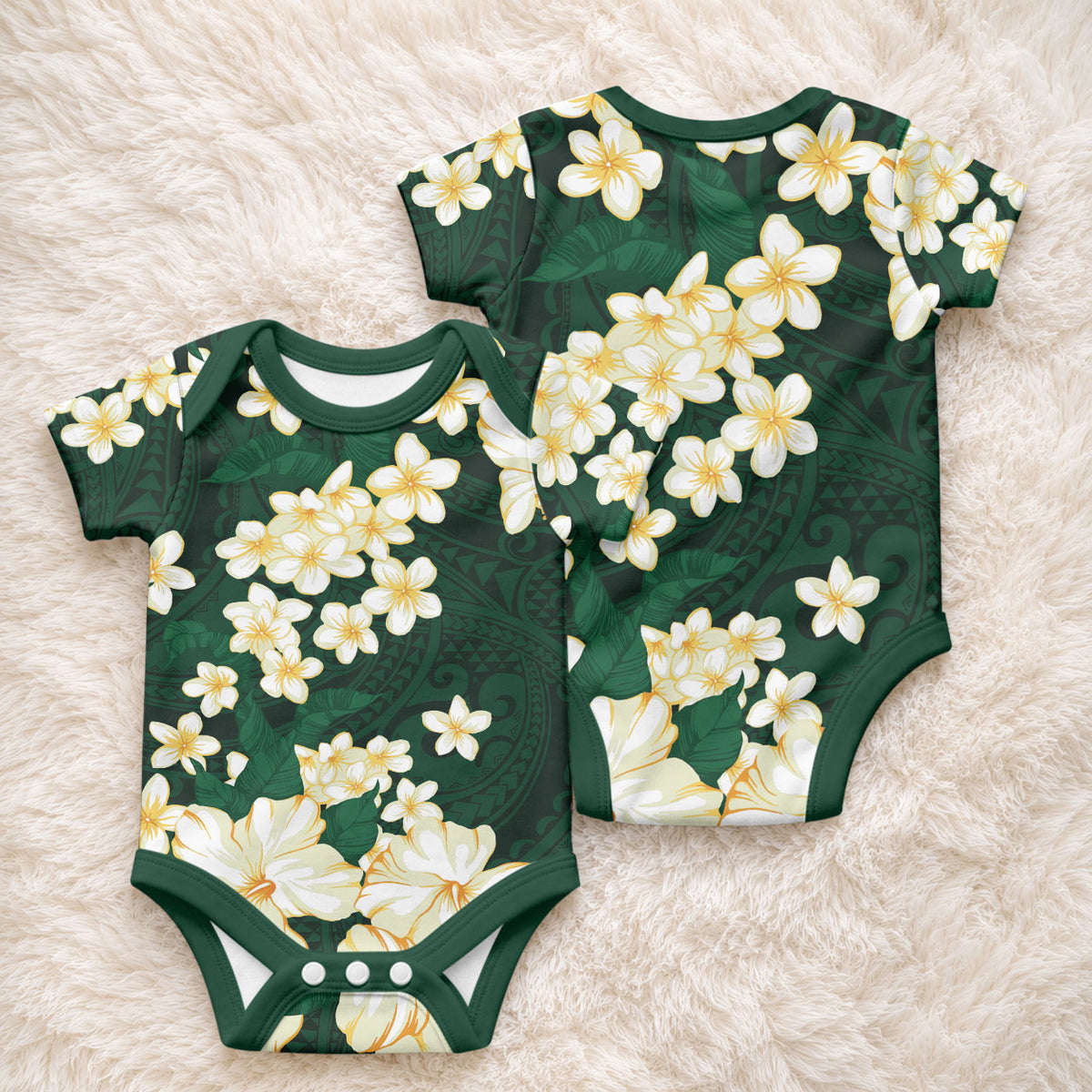 Hawaii Hibiscus Plumeria Green Baby Onesie Polynesian Pattern