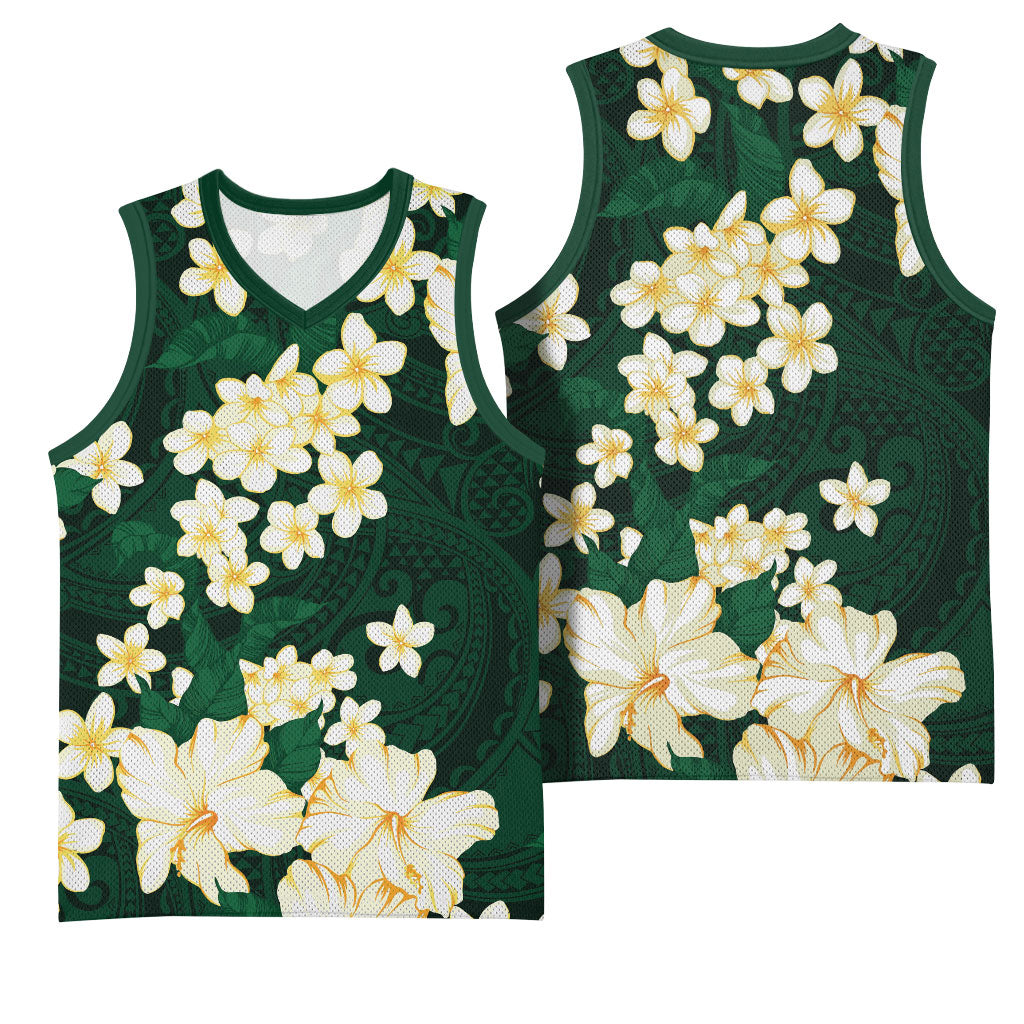 Hawaii Hibiscus Plumeria Green Basketball Jersey Polynesian Pattern LT01 - Polynesian Pride