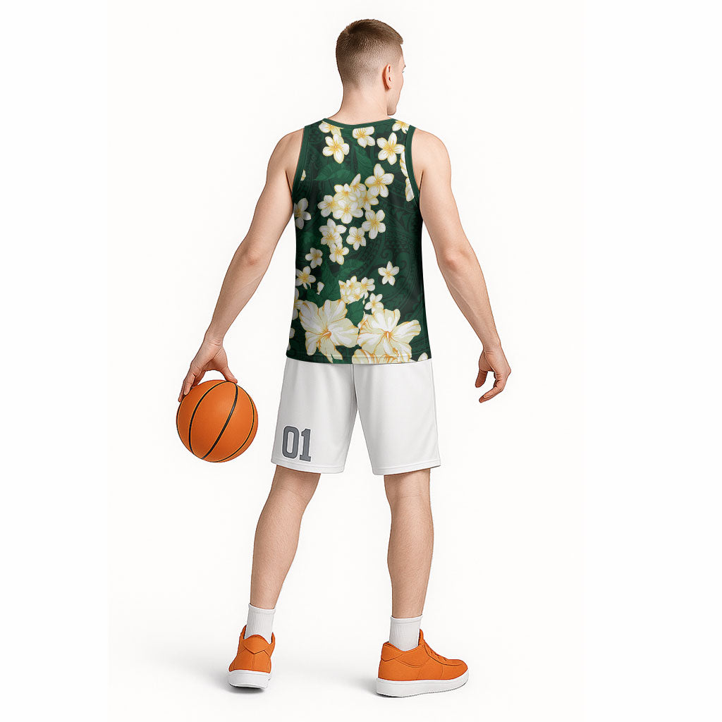 Hawaii Hibiscus Plumeria Green Basketball Jersey Polynesian Pattern LT01 - Polynesian Pride