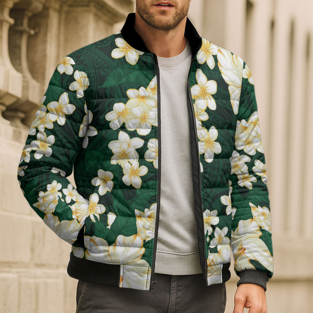 Hawaii Hibiscus Plumeria Green Bomber Puffer Jacket Polynesian Pattern LT01 - Polynesian Pride