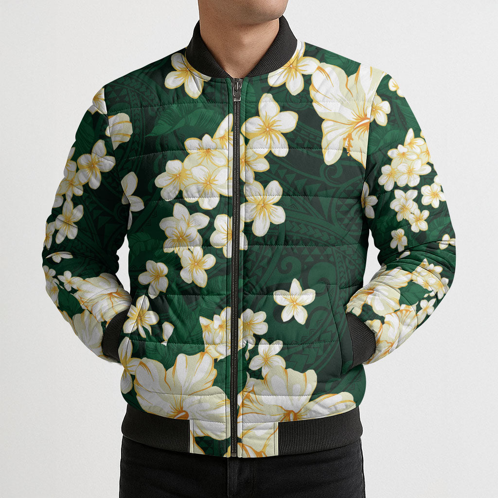 Hawaii Hibiscus Plumeria Green Bomber Puffer Jacket Polynesian Pattern LT01 - Polynesian Pride