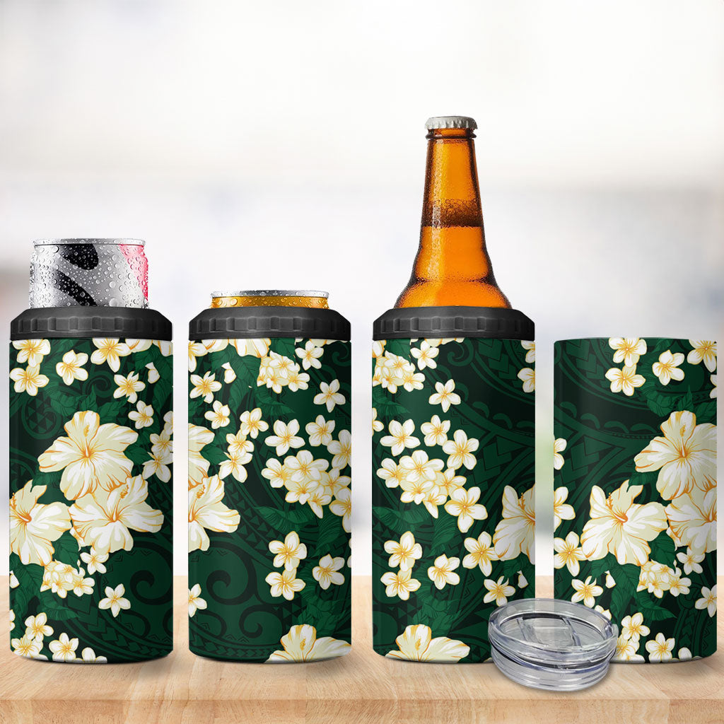 Hawaii Hibiscus Plumeria Green 4 in 1 Can Cooler Tumbler Polynesian Pattern LT01 - Polynesian Pride