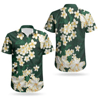 Hawaii Hibiscus Plumeria Green Couples Matching Off Shoulder Maxi Dress and Hawaiian Shirt Polynesian Pattern LT01 - Polynesian Pride
