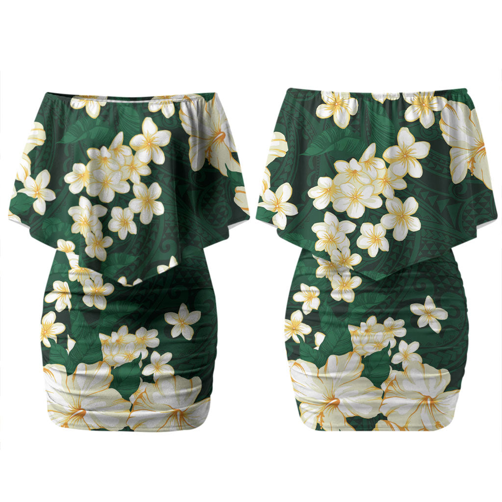 Hawaii Hibiscus Plumeria Green Couples Matching Off Shoulder Short Dress and Hawaiian Shirt Polynesian Pattern LT01 - Polynesian Pride