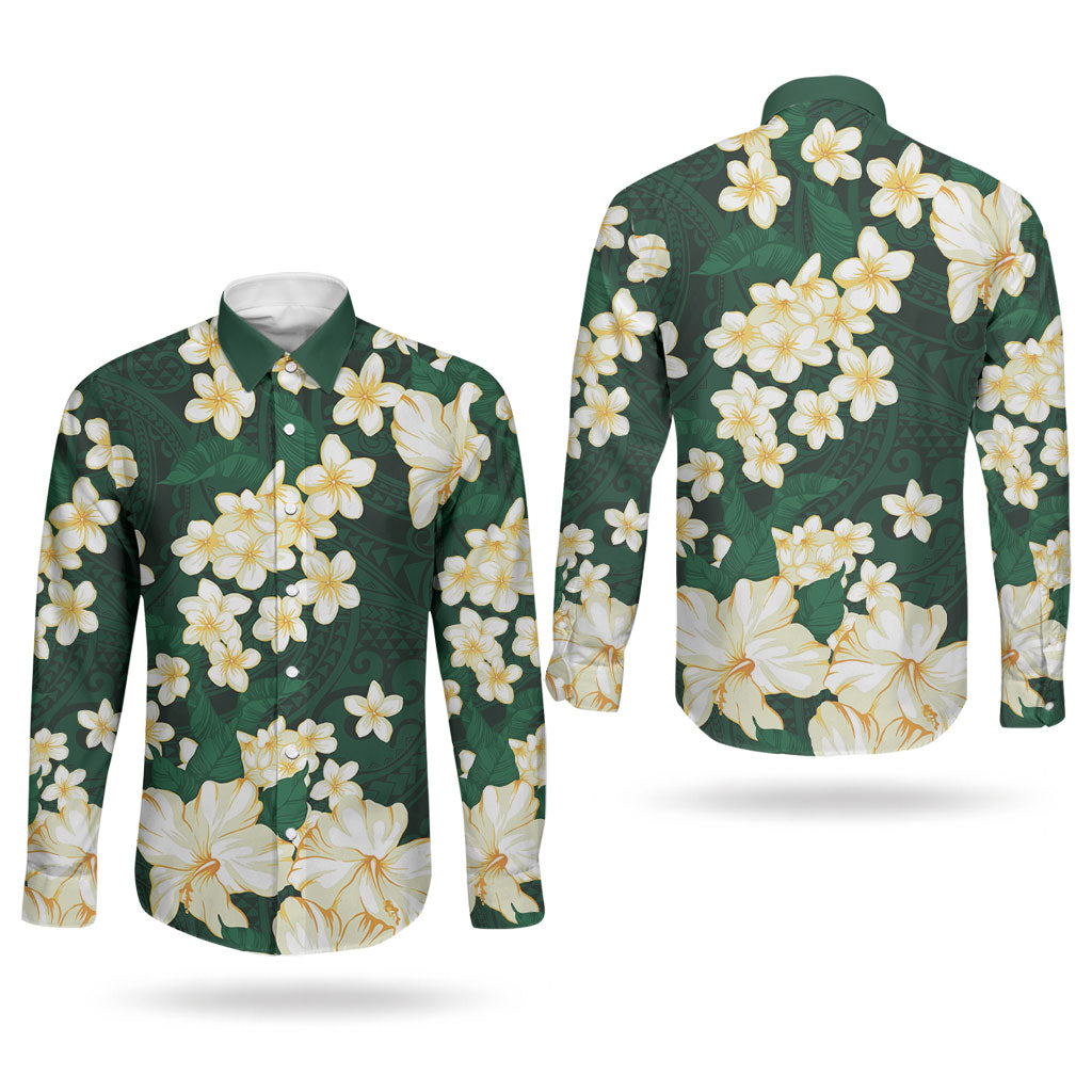 Hawaii Hibiscus Plumeria Green Couples Matching Puletasi and Long Sleeve Button Shirt Polynesian Pattern LT01 - Polynesian Pride
